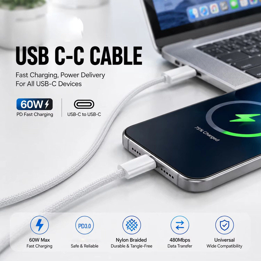 Parallel World USB-C zu USB-C Ladekabel mit 60W Schnellladefunktion, weißes geflochtenes PD-Kabel für iPhone 15 16, iPad, MacBook und Samsung - Bild 3