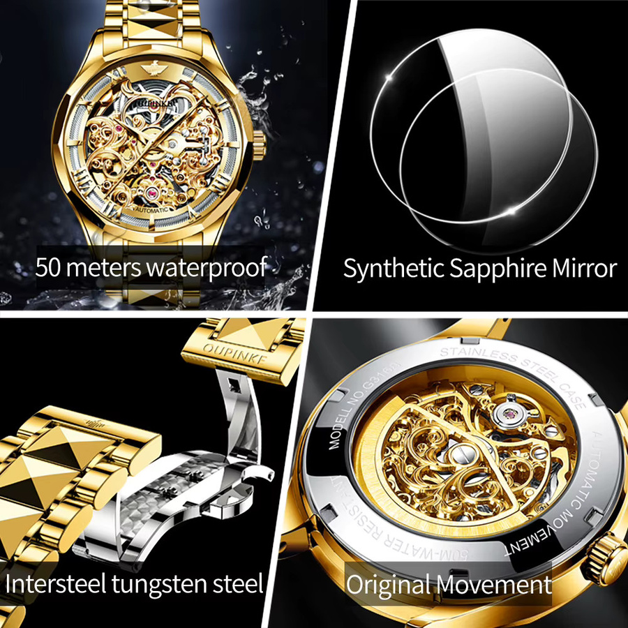 Oupinke Armbanduhr, Automatik, Edelstahl, Gold, Wolfram, Herren - Bild 5