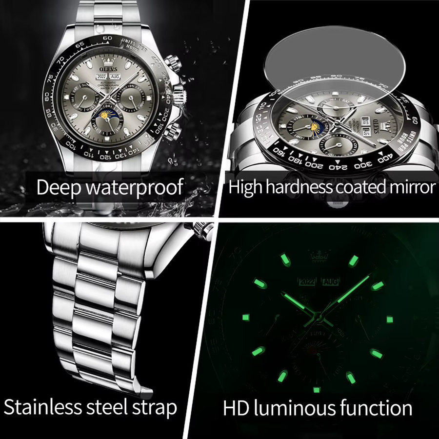 OLEVS Armbanduhr Chronograph, Automatik, Edelstahl, Silber, Herren - Bild 6