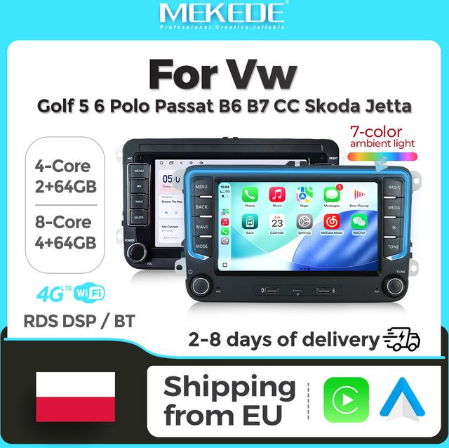 MEKEDE Kabelloses CarPlay Android Auto Radio mit 7 Zoll Display, 4+64GB Speicher, 4G WLAN, DSP, RDS und GPS-Navigation in Schwarz für VW Golf 5 Golf 6 Passat B6 B7 Polo und Skoda Jetta - Bild 1