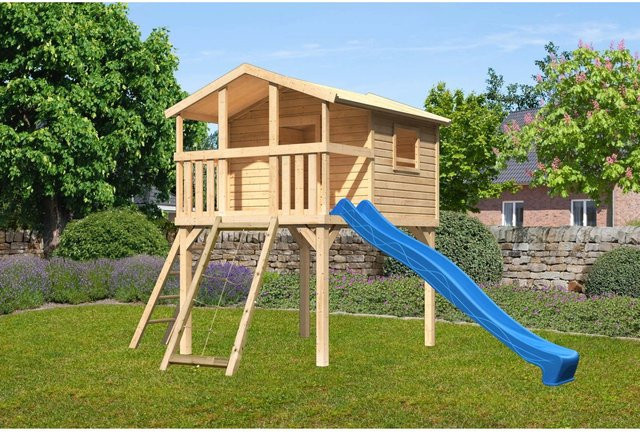 Karibu Stelzenhaus Benjamin Naturbelassen mit Leiter, Netzrampe und Rutsche in Blau und Natur-Braun, B/H/T: 225 x 309 x 250 cm - Bild 1