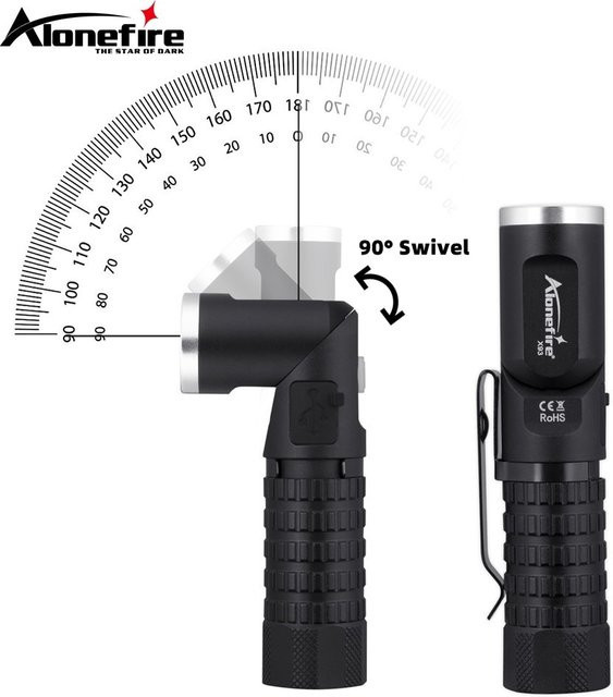 Alonefire P8 LED-Taschenlampe mit magnetischem 90 Grad drehbarem Kopf in Schwarz aus Aluminium mit wiederaufladbarem Akku - Bild 1