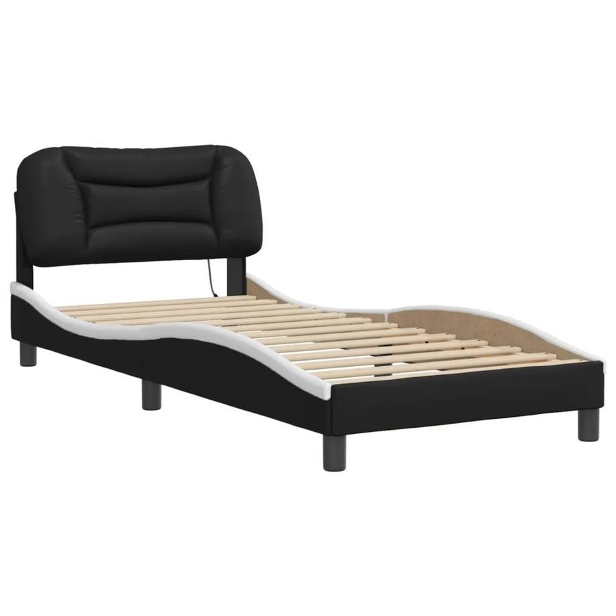 vidaXL Bettgestell Hvar mit LED-Beleuchtung und USB-Ladeport, Schwarz-Weiß, Kunstleder und Kiefernholz, B/T/H: 90 x 200 x 218 cm - Bild 2