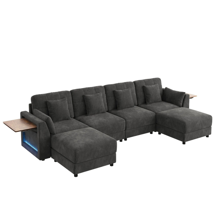 Merax Ecksofa in U-Form mit LED-Beleuchtung und Hocker, Grau, Chenille-Stoff, B: 292 cm, T: 135 cm, H: 82 cm - Bild 2