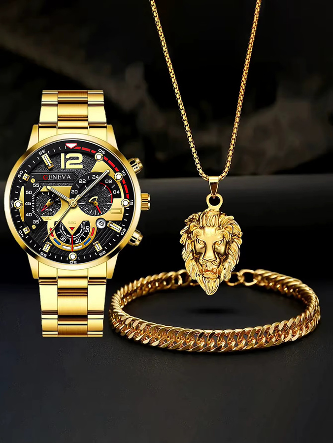 CMK Schmuck-Set, Armbanduhr, Halskette mit Löwen-Anhänger, Edelstahl, Gold, Herren - Bild 2