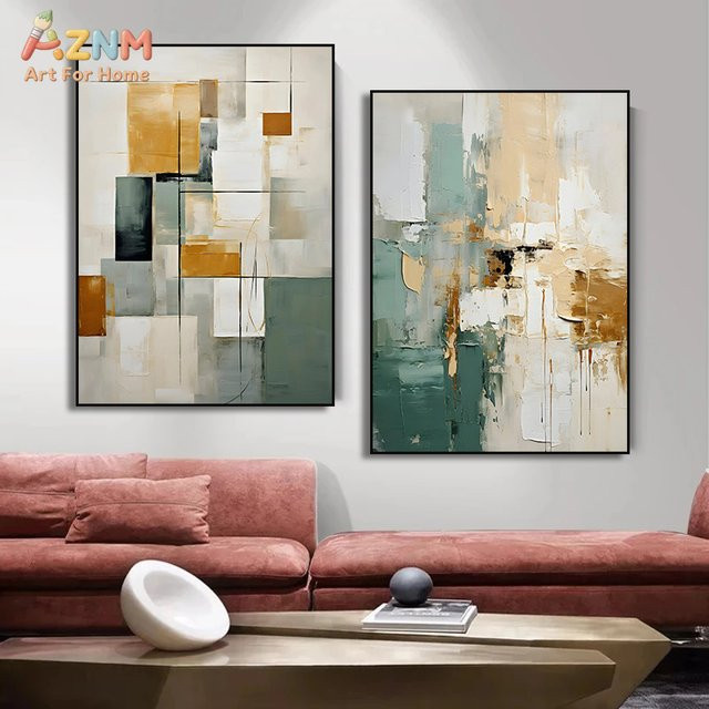 AZNM Moderner abstrakter geometrischer Leinwand-Wandkunstdruck in Grün und Gold - Bild 1