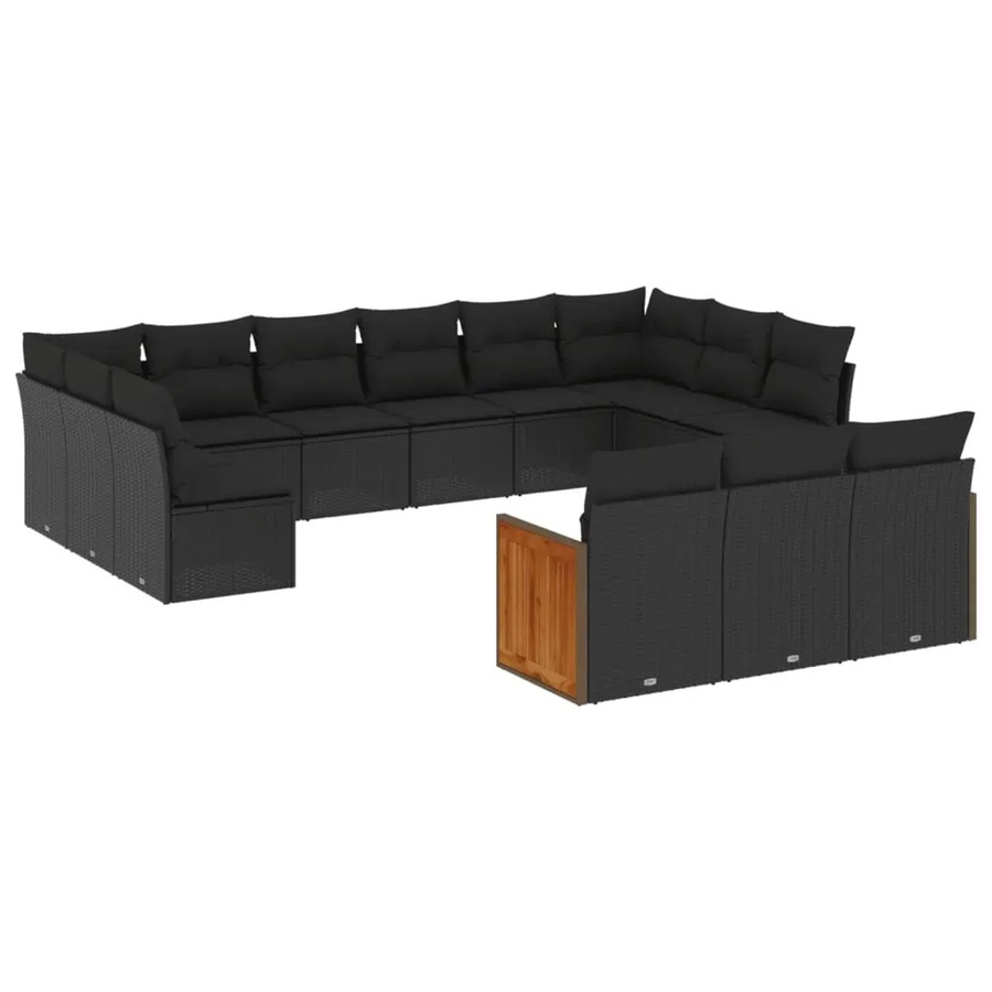 vidaXL 13-tlg. Garten-Sofagarnitur in U-Form aus Polyrattan und Akazienholz mit Kissen, Schwarz - Bild 2