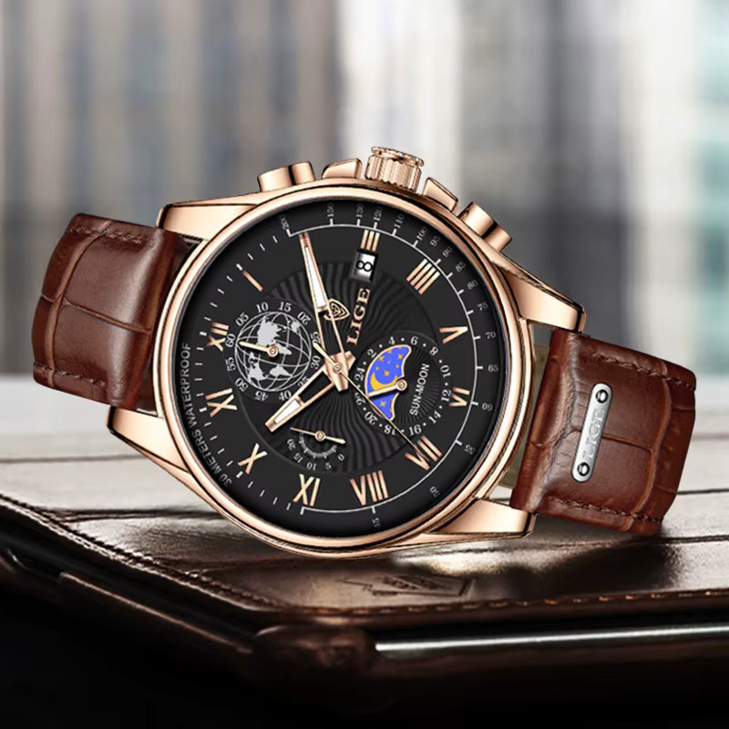 LIGE Armbanduhr Chronograph, Quarz, Leder, Herren - Bild 2