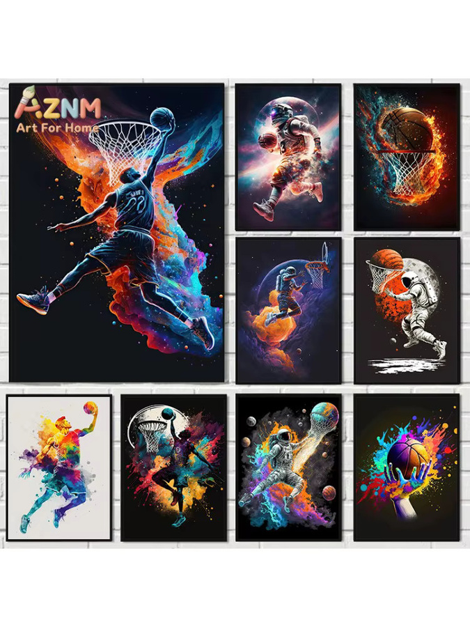 AZNM Kosmischer Astronaut Basketball Leinwand-Wandkunst, Bunter Galaxie-Sportdruck in Multicolor, Rahmenlose abstrakte Dekoration für Kinderzimmer - Bild 3
