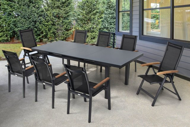 OUTFLEXX Premium Garten-Essgruppe in Anthrazit Matt aus Aluminium, Glas und Teak mit ausziehbarem Tisch und 8 Sitzgelegenheiten - Bild 1