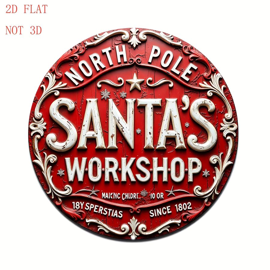 Potdemiel Vintage Santa's Workshop Metall-Wanddekoration für Weihnachten, rund, Durchmesser: 20,3 cm, rot und weiß - Bild 2