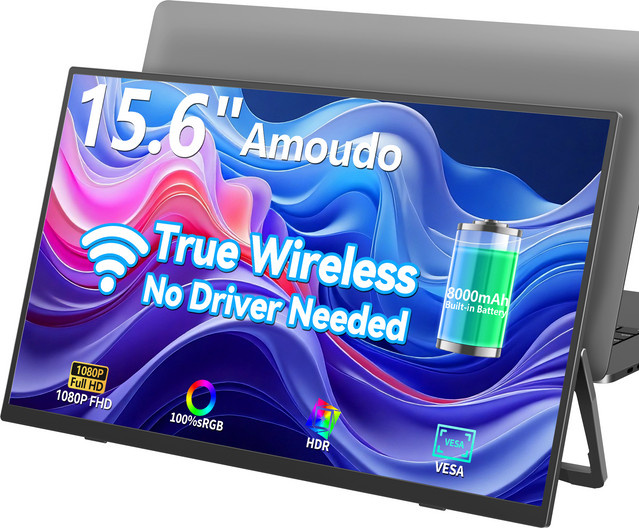 Amoudo Tragbarer Monitor 15,6 Zoll Full HD IPS Display Schwarz mit Vesa-Kompatibilität - Bild 1