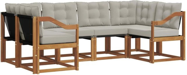 vidaXL Outdoor-Sofagarnitur 6-teilig L-Form aus Akazienholz mit Textilene und Kissen in Beige und Grau - Bild 1