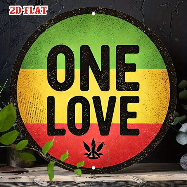 Potdemiel Reggae Spirit Rundes Aluminiumschild One Love Unity Metallwandkunst in Grün Gelb Rot Durchmesser: 20 cm - Bild 1