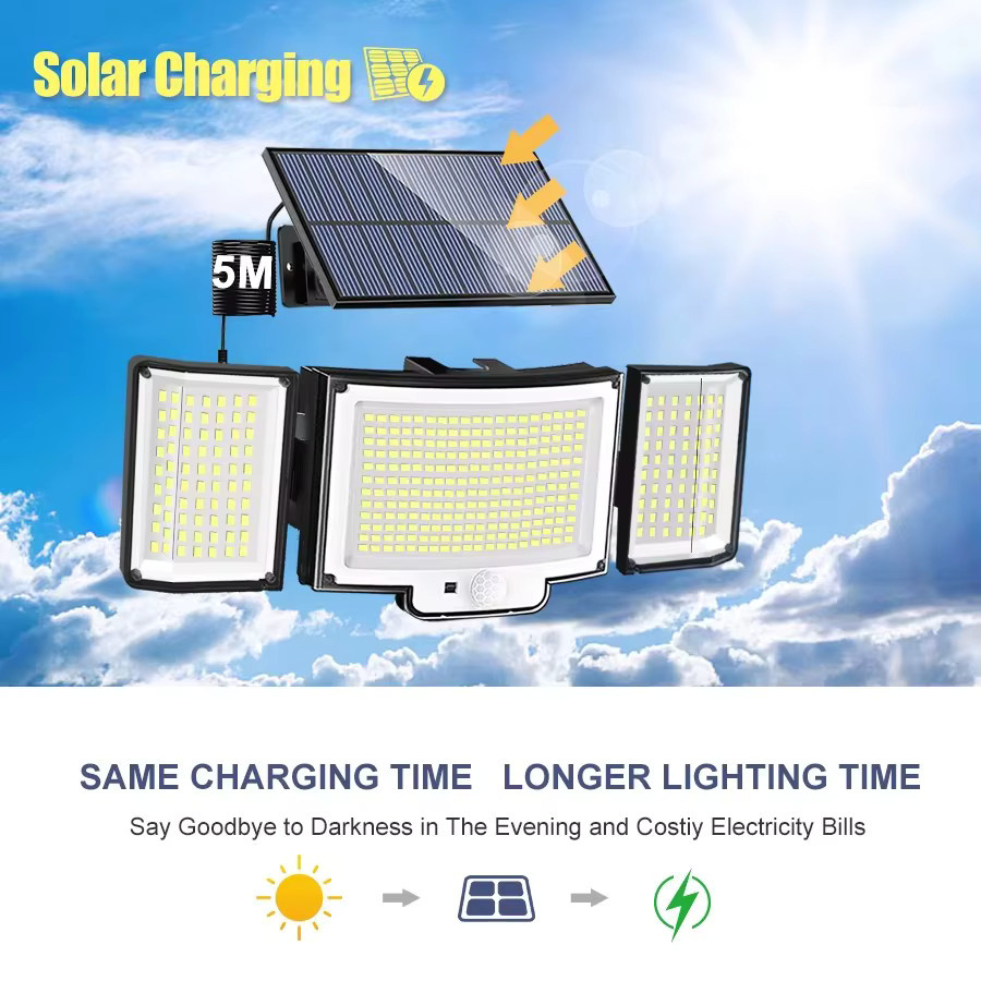 Solar-Außenleuchte mit 366 LED und Bewegungssensor, IP65 wasserdichte Solar-Sicherheitsleuchte mit Fernbedienung und 1800 mAh Akku, 3-Kopf-Weitwinkel-Flutlicht in Schwarz für den Garten - Bild 3