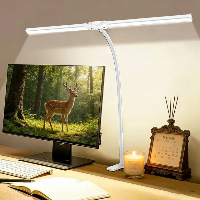 DBF 2-köpfige LED-Schreibtischlampe in Schwarz mit Klemme und USB-Anschluss, augenschonende Architektenlampe mit 3 Lichtfarben und Touch-Bedienung für Büro und Zuhause - Bild 1
