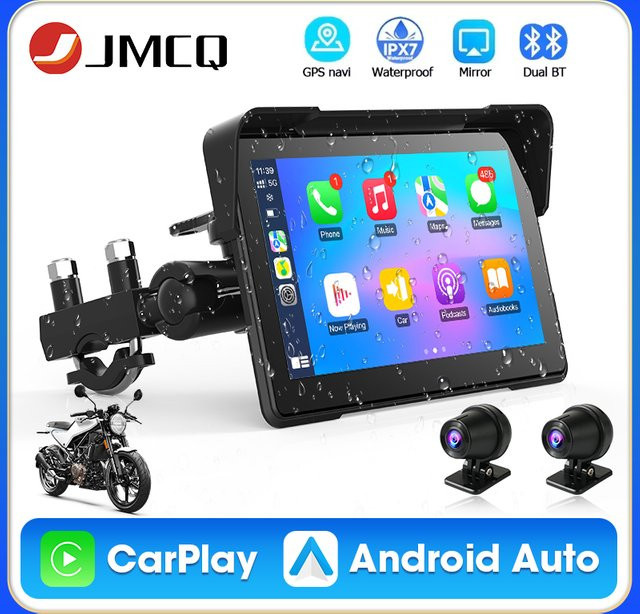 JMCQ Tragbarer 7 Zoll Motorrad CarPlay Bildschirm mit GPS Navigation, Drahtlose Android Auto Unterstützung, 2K Kamera und IPX7 Wasserdichtigkeit, Schwarz - Bild 1