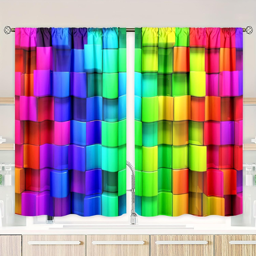 Yiran Furniture Vorhang Set mit Geometrie-Print aus Polyester, 2 Stück, Mehrfarbig, semi-transparent - Bild 2
