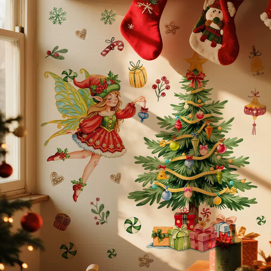 BRUP Weihnachts-Wandaufkleber mit Fee, Baum und Geschenkstapel, selbstklebend und abnehmbar, Mehrfarbig - Bild 2