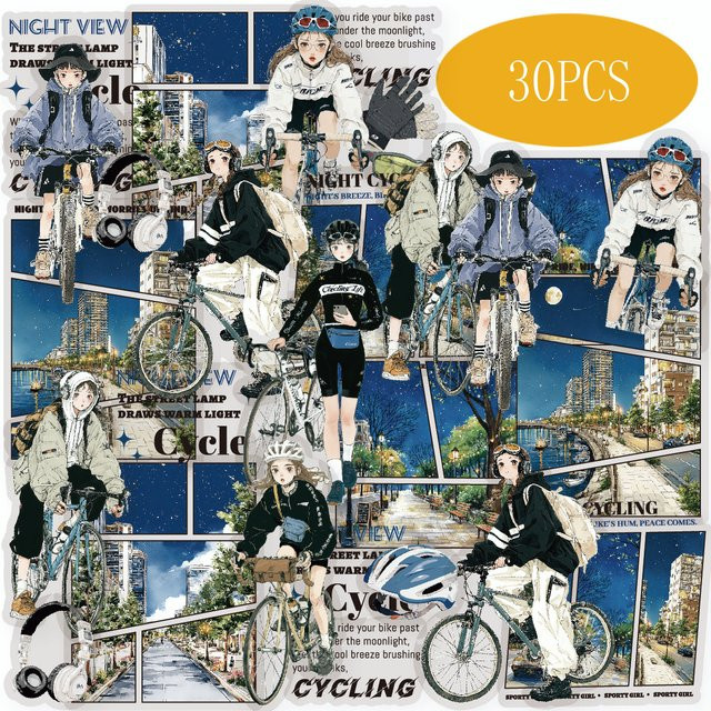 Etori Life Night Ride Aufkleber Set mit Mädchenmotiv, 30 Stück handgezeichnete Sticker in Multicolour für Notizbücher, Handys und Scrapbooking - Bild 1