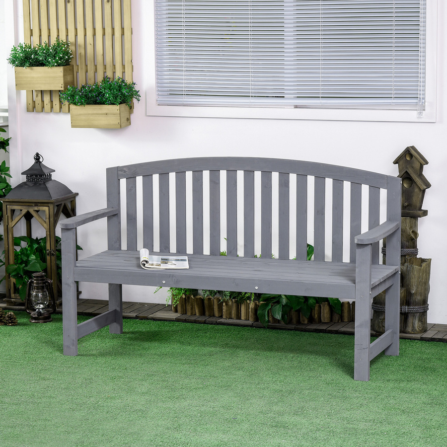 Outsunny 2-Sitzer Gartenbank aus Tannenholz in Grau, wetterfeste Holzbank mit Rückenlehnen und Armlehnen für Garten, Balkon oder Terrasse, B/T/H: 143 x 51 x 85 cm - Bild 2