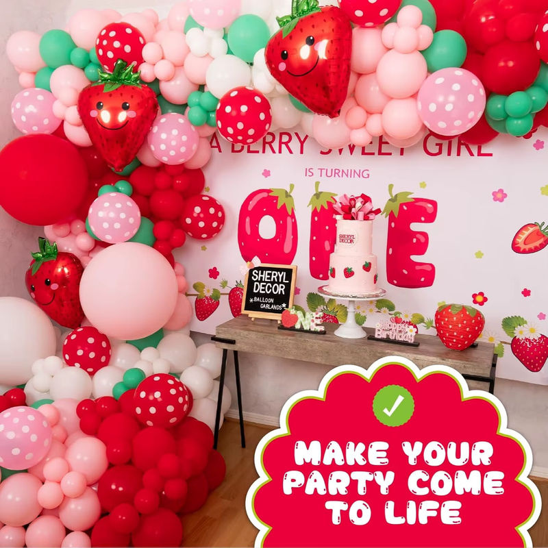 Erdbeer-Ballonbogen-Set mit Girlande in Rot, Rosa und Grün für deine Erdbeer-Kuchen-Party oder Geburtstage - Bild 5