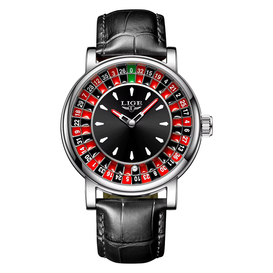 LIGE Armbanduhr Quarz, Roulette-Spielzifferblatt, Leder, Schwarz, Herren - Bild 7