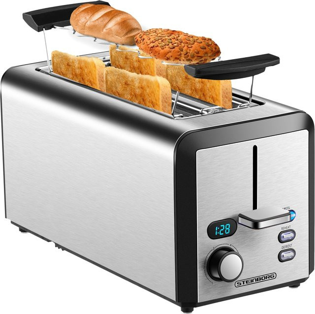 Steinborg SB-2211 XXL Langschlitz Toaster mit digitalem Display und Brötchenaufsatz, 1500 Watt, Silber/Edelstahl - Bild 1