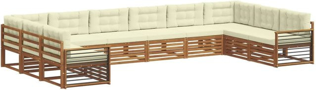 vidaXL Sofagarnitur aus Massivholz Akazie in Natur und Creme, 10-teiliges U-Form Sofa mit Sitz- und Rückenkissen - Bild 1