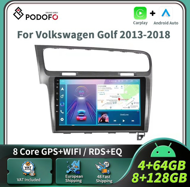 Podofo 10 Zoll Wireless Carplay Android Auto Autoradio für Volkswagen Golf 7 2013-2018 in Schwarz mit Wi-Fi - Bild 1