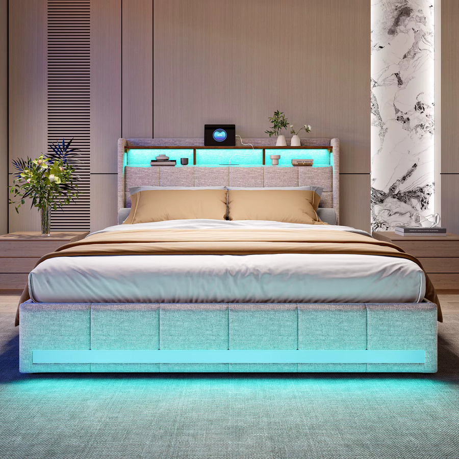 Modernes Polsterbett mit LED-Licht und USB-Ladeanschluss in Grau und Beige, Stauraumbett mit 4 Schubladen, B/T/H: 160 x 200 cm - Bild 3