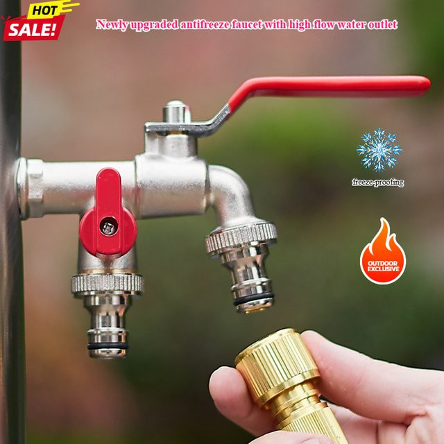 Garten-Wasserhahn-Bandschlüssel mit Doppelnippel und zwei Ausgängen in Silber, 1/2 Zoll und 3/4 Zoll, mit Wassersplitter-Anschluss und Wasserstopper - Bild 1