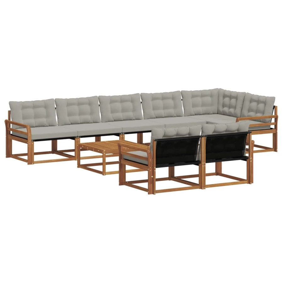 vidaXL Outdoor-Sofagarnitur 9-tlg. aus massivem Akazienholz mit Textilene und Kissen, L-Form, Natur und Grau - Bild 2