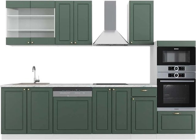Vicco Fame-Line Küchenzeile im Landhausstil in Grün-Gold-Weiß mit Hochschrank und Marmor-Arbeitsplatte, Breite: 300 cm - Bild 1