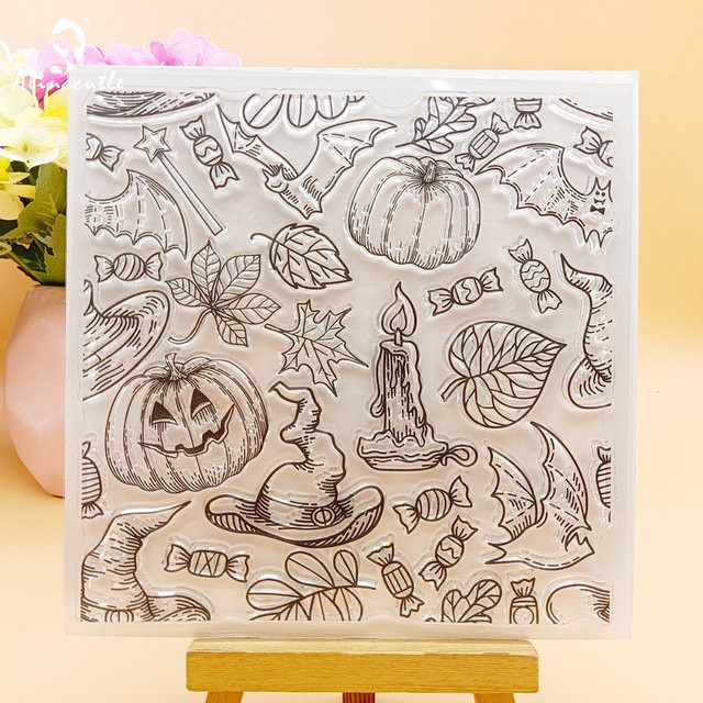 Alinacutle Happy Halloween Kürbis Klarstempel aus transparentem Silikon für Scrapbooking und Papierhandwerk in Orange - Bild 1