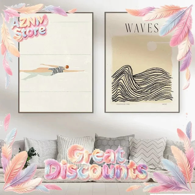 Modernes Wandkunst Poster Nordische Schwimmer Große Welle Leinwanddruck in Mehrfarbig - Bild 1