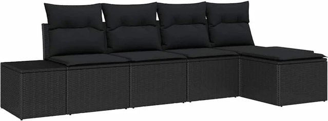 vidaXL Garten-Sofa-Set aus Poly-Rattan in Schwarz mit 5 Teilen, bestehend aus L-Sofa, Couchtisch und Ottoman, inklusive Kissen und UV-beständigem Polsterstoff - Bild 1