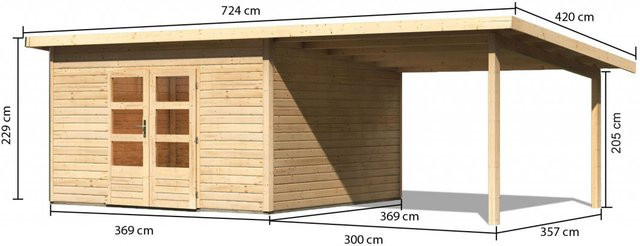 Gartenhaus aus Holz NORTHEIM 5 in Naturbelassen mit 330 m2 Anbaudach, Wandstärke 38 mm, B/T: 369 x 369 m - Bild 1