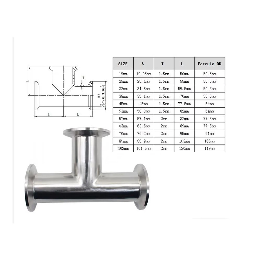 YQBS 3-Wege-T-Rohrverschraubung aus Edelstahl 304 in Silber mit Tri-Clamp-Ferrule und Flansch - Bild 2