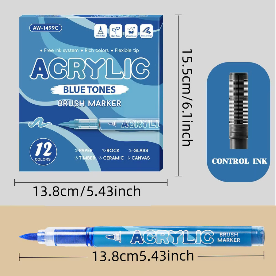 Kolorowys Acryl-Farbmarker Set mit 12 Stück, wasserfeste Acryl-Farbstifte mit Bürstenspitze für Kunststoff, Leinwand und Glas - Bild 1