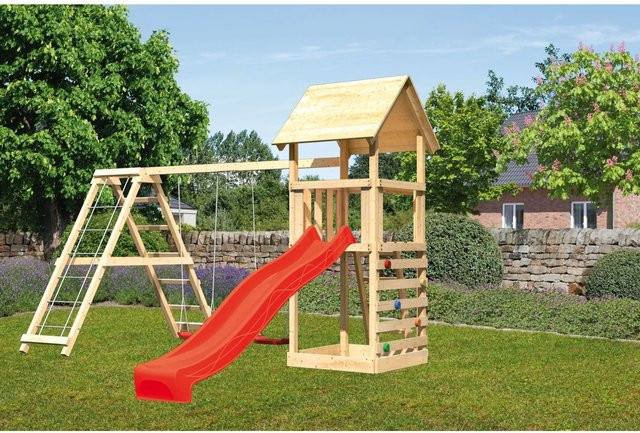 Karibu Spielturm Lotti mit Doppelschaukel, Klettergerüst, Kletterwand und Rutsche in Rot - Bild 1