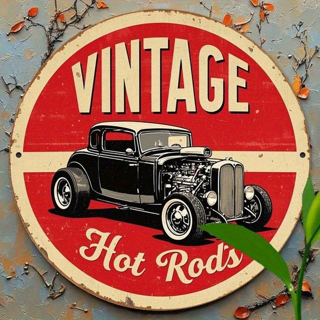 Rundes Metallblechschild Potdemiel Vintage Rotes Auto als Wanddekoration aus Eisen - Bild 1