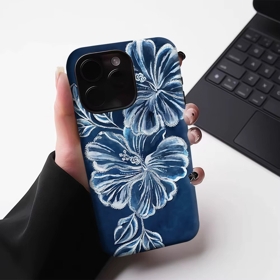 Robuste doppelschichtige Handyhülle mit Blumenmuster von Potdemiel für iPhone 17 16 15 14 13 Pro Max Plus, Marineblau und Weiß, magnetisch kompatibel - Bild 5