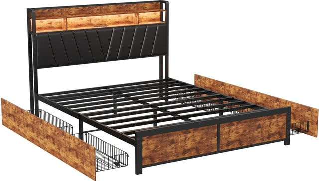 PXloue Doppelbett mit Schubladen, LED-Beleuchtung und USB-Ladestation in Braun und Schwarz, B/T/H: 160 x 200 x 113 cm - Bild 1