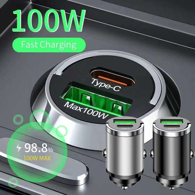 100 W Pull Ring Auto Ladegerät mit PD und QC 3.0 Schnellladefunktion, USB Typ C Mini Adapter für iPhone 15, Xiaomi, Samsung und Huawei, Schwarz - Bild 1
