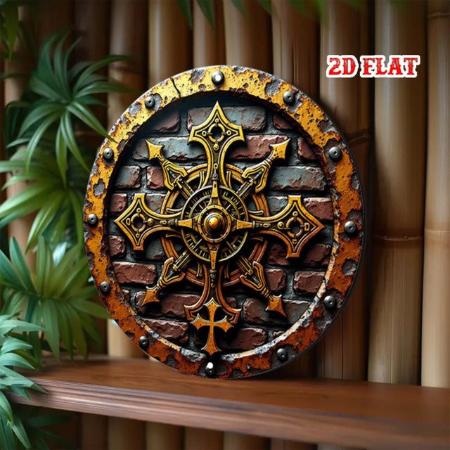 HELLOYOUNG Mittelalterliches Ritterschild aus Metall mit goldenem Kreuz, runde Wanddekoration im Vintage-Stil, Farbe: Gold - Bild 1
