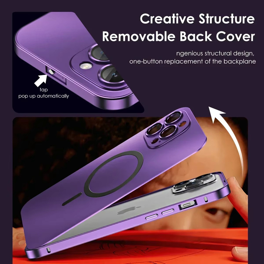 Magnetische Schutzhülle mit Aluminium-Metallrahmen für Apple iPhone 17, 16, 15, 14, 13, 12 Pro Max Plus mit Magsafe Wireless Charging und PC-Rückwand in Natural Titanium und Purple - Bild 1