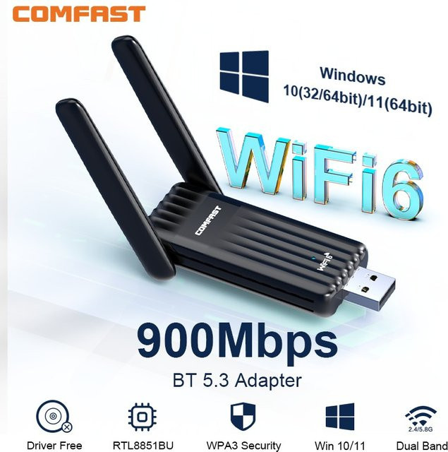 COMFAST WiFi 6 USB-Adapter mit Bluetooth 5.3, Dualband 2,4/5G, 900 Mbit/s, Schwarz - Bild 1