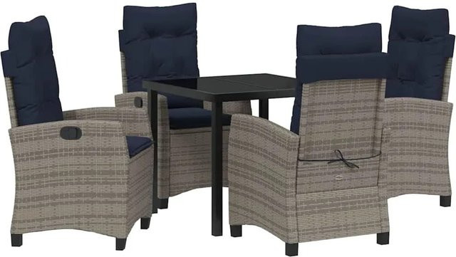 vidaXL Garten Essgruppe aus Poly-Rattan mit Glasplatte und Kissen, 5-teilig, Grau - Bild 1