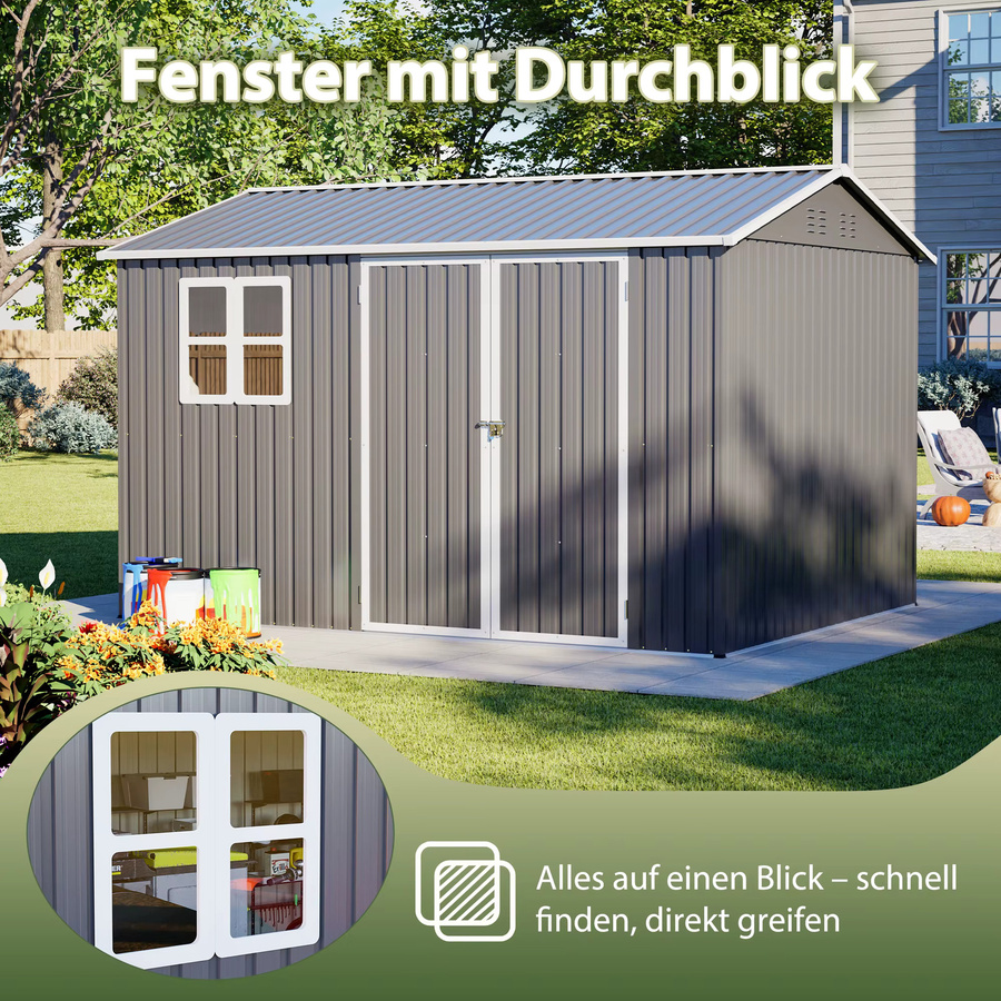 GIHAUVIA Outdoor-Gartenschuppen aus Stahl in Grau mit Fenster und abschließbaren Doppeltüren, wetterbeständiges Werkzeughaus mit Metallbodengestell, B/T/H: 311 x 230 x 201 cm - Bild 4